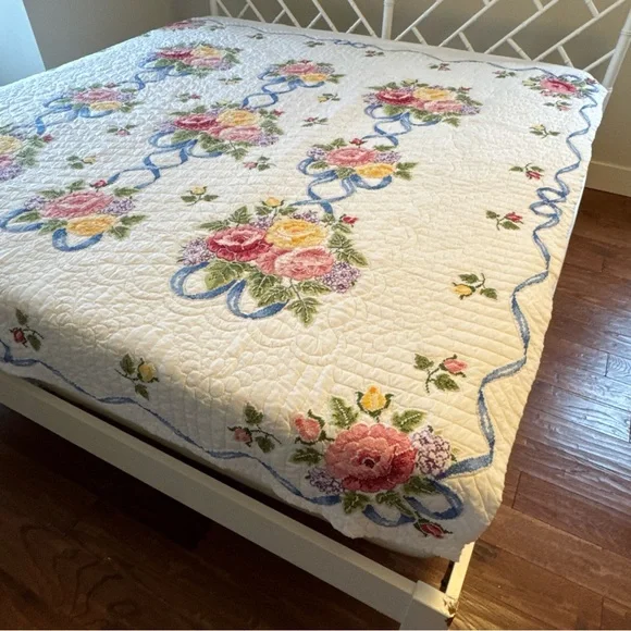 Vintage Quilt Embroidered Handsewn Cross Stitch Bedspread Flowers Ribbons 84x84” - Picture 1 of 13
